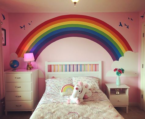 Rainbow Room Kids Girl Bedrooms Ideas, Pink Room With Rainbow, Rainbow Painted Room, Rainbow Painting For Kids Room, Rainbow Wall Painting Ideas, Painted Rainbow On Wall, Rainbow Painted Walls, Rainbow Room Paint, Toddler Rainbow Room