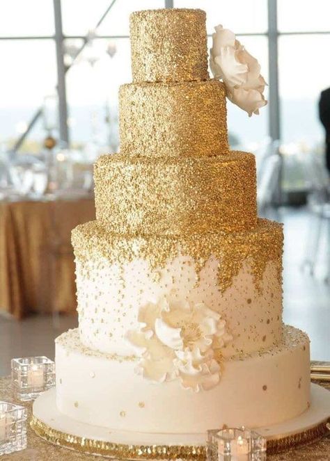 100 + Must Have Gold Color Palette to Wow Your Guests---gold sequin and  white wedding cakes with white flowers decors, spring or fall weddings, diy wedding dessert Golden Birthday Cakes, Elegant Wedding Colors, Chocolate Wedding Cake, Golden Wedding Anniversary, Amazing Wedding Cakes, Gold Wedding Cake, Gold Cake, Elegant Cakes, Golden Wedding