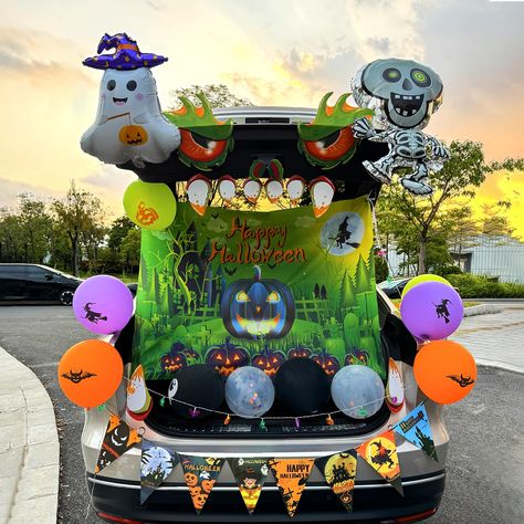 PRICES MAY VARY. Package Including: You will get 30PCS Halloween themed party decorations, including 12PCS green monster stickers,1PCS Halloween green pumpkin trunk banner (51.1 x 39.3 IN/130 x 100CM), a total of 15PCS 12IN latex balloons in five styles(sequin, orange printing, black printing, green printing, purple printing 3 each)1PCS rope, 2 set double-sided foam glue. Unique Design: Our Halloween car decoration uses classic design elements, such as pumpkins, witches, bats, castles, forests, Trunk Or Treat Halloween Theme, Trunk Decorations For Halloween, Trunk Or Treat Photo Backdrop, Halloween Decorations Car, Decorated Cars For Halloween, Frankenstein Trunk Or Treat Ideas, Halloween Truck Decorations, Trunk Or Treat Ideas For Sedans, Trunk Or Treat Ideas For Cars Beetlejuice