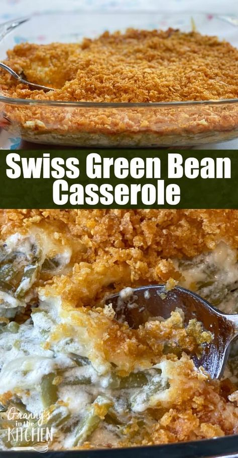 A family favorite that we've been serving at our Thanksgiving table for over 30 years! Tender French green beans, a savory sour cream sauce, flavorful Swiss cheese, and crispy corn flake coating make this the best green bean casserole ever! Swiss Cheese Green Bean Casserole, Swiss Green Bean Casserole, Green Bean Casserole With Sour Cream, Swiss Beans, Cheese Green Bean Casserole, The Best Green Bean Casserole, Casserole With Corn, Creamed Green Beans, Cheesy Green Beans