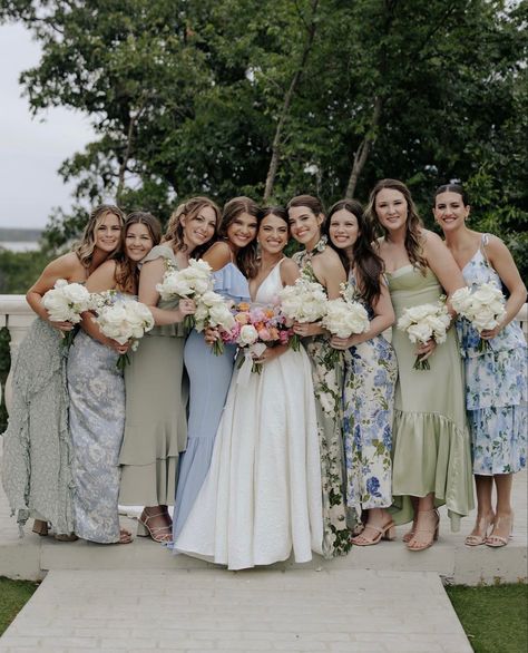 Spring Mix And Match Bridesmaid Dresses, September Wedding Party Colors, Muted Color Bridesmaid Dresses, 5 Bridesmaids Mismatched, Mix N Match Bridesmaid Dresses, September Wedding Colors Blue, Light Blue And Light Green Wedding, Blue Mix And Match Bridesmaid Dresses, Wild Flower Bridesmaid Dresses