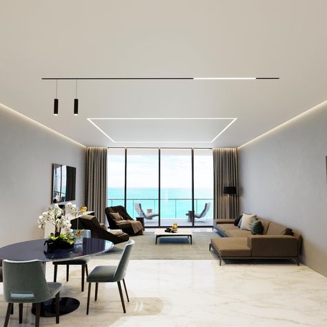 Modern Sealing Design, Roof Design Interior Ceilings, Scandinavian False Ceiling Design, Flat False Ceiling Design, Led Profile Living Room, False Ceilings For Living Room, Siling Light Design Living Room, Led Profile Lighting Design Ceiling Living Room, Living Room Cove Lighting