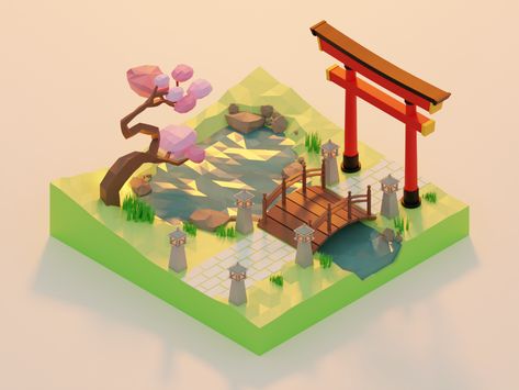 Low Poly - Spring in Japan by Brian Moon 🌙 on Dribbble 3d Island, Japan Building, Spring In Japan, Low Poly Games, Isometric Art, Isometric Design, Low Poly Art, Isometric Illustration, Low Poly Models