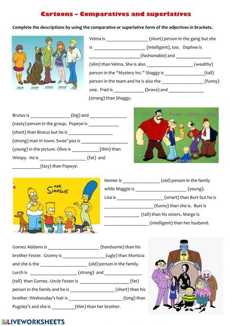 Ejercicio de Cartoons - Comparatives and superlatives Comparatives And Superlatives Worksheets, Comparatives Worksheet, Superlatives Worksheet, Comparatives And Superlatives, Degrees Of Comparison, Comparative And Superlative, Simple Present Tense, English Exercises, Essay Writing Skills