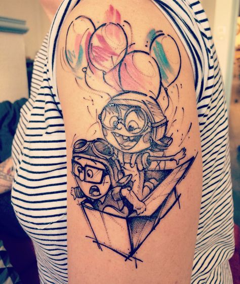 Up Carl Y Ellie, Galaxy Tattoos, Disney Tattoos Quotes, Yarn Tattoo, Disney Inspired Tattoos, Pop Culture Tattoos, Tattoos For Moms, Disney Sleeve Tattoos, Culture Tattoos