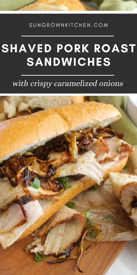 Shaved pork roast with crispy caramelized onions on a hoagie bun. Sliced Pork Sandwich Recipes, Pork Loin Sliders Sandwiches, Leftover Pork Loin Sandwich Recipes, Pork Roast Sliders, Shaved Pork Sandwiches, Shaved Pork Recipes, Pork Chop Sandwich Recipes, Pork Loin Sandwich Recipes, Pork Tenderloin Sandwich Recipes