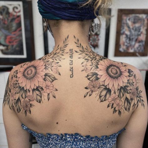 Aztec Sunflower Tattoo, Sunflower Chest Tattoo Female, Sunflower Shoulder Tattoos For Women, Sunflower Chest Tattoo, Sunflower Neck Tattoo, Unique Sunflower Tattoos For Women, Sunflower Back Tattoo, Sunflower Shoulder Tattoo, Tattoo Idea For Women