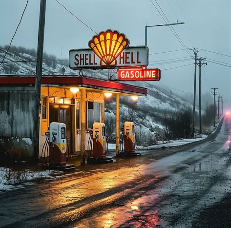 Gas Station Painting, Vintage Road Trip, Stirling Moss, Old Gas Stations, Portrait Background, Classic Wallpaper, Petrol Station, Gas Stations, Old Factory