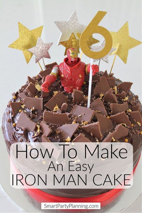 Learn how to make a super easy Iron man cake that any Iron man fan will love for their birthday. This is a cake that anyone can make even if you have zero cake decorating skills. The finished product will look professional and leave Iron man fans gasping "wow". Iron Man Birthday Party, Iron Man Cake, Iron Man Party, Ironman Cake, Iron Man Birthday, Spiderman Birthday Cake, Man Cake, Frozen Birthday Cake, Party Themes For Boys