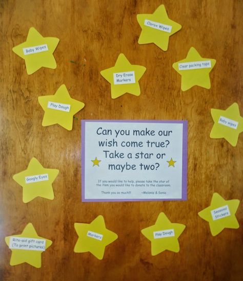 Can you make our wish come true? Take a star or maybe two? Cute way to ask for classroom donations. Daycare Donation Ideas, Open House Donation Ideas, Classroom Wish List Ideas Open House, Preschool Wish List For Parents, Donation Board Ideas, Make A Wish Fundraiser Ideas, Classroom Donation Ideas Wish List, Classroom Wishlist For Parents, Curriculum Night Ideas