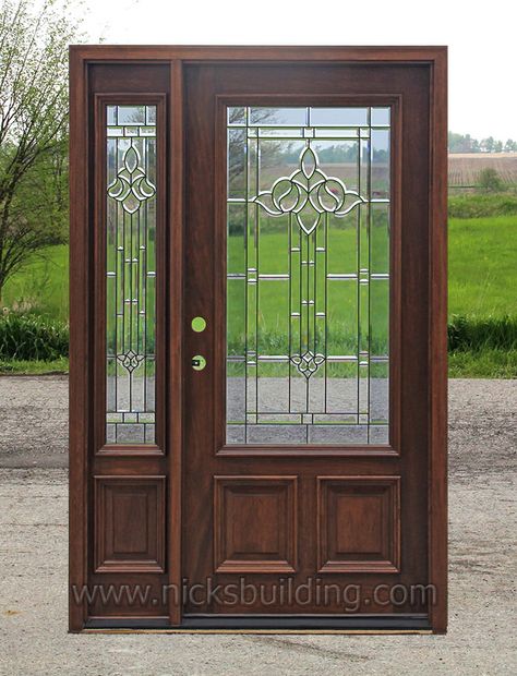 single entrance door with one side lite Front Door With One Sidelight, Doors With Sidelights, Exterior Doors With Sidelights, Mahogany Exterior Doors, Mahogany Door, Mahogany Entry Doors, Wood Front Entry Doors, Mahogany Wood Doors, Window Glass Design