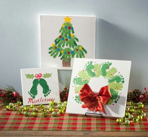 Baby Feet And Hand Print Ideas Christmas, Hand Print Christmas Decorations, Christmas Hand Or Foot Print Crafts, Fingerpainting Christmas Art, Diy Christmas Paintings On Canvas Kid Hand Prints, Hand And Foot Print Art Christmas, Handprint Art Christmas, Baby Footprint Crafts