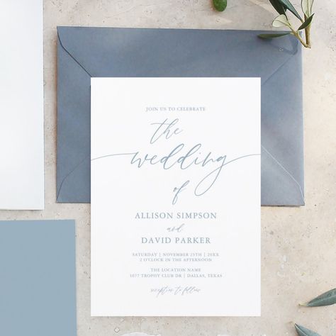 Dusty Blue Elegant Simple Wedding Invitations  Zazzle Engagement Party Napkins, Elegant Simple Wedding, Wedding Ocean, Wedding Nautical, Elegant Engagement Party, Photo Guest Book Wedding, Signature Cocktails Wedding, Rustic Elegant Wedding, Ocean Wedding