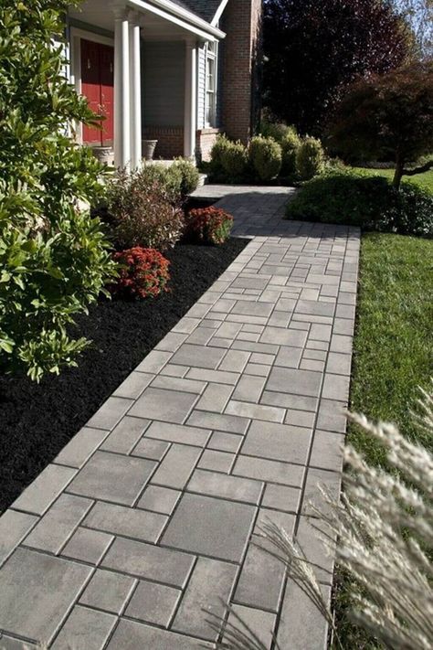 Stamped Concrete Walkway, Front Yard Walkway, Side Walk, Walkway Landscaping, Walkway Design, Brick Walkway, Pathway Landscaping, Concrete Walkway, Paver Walkway