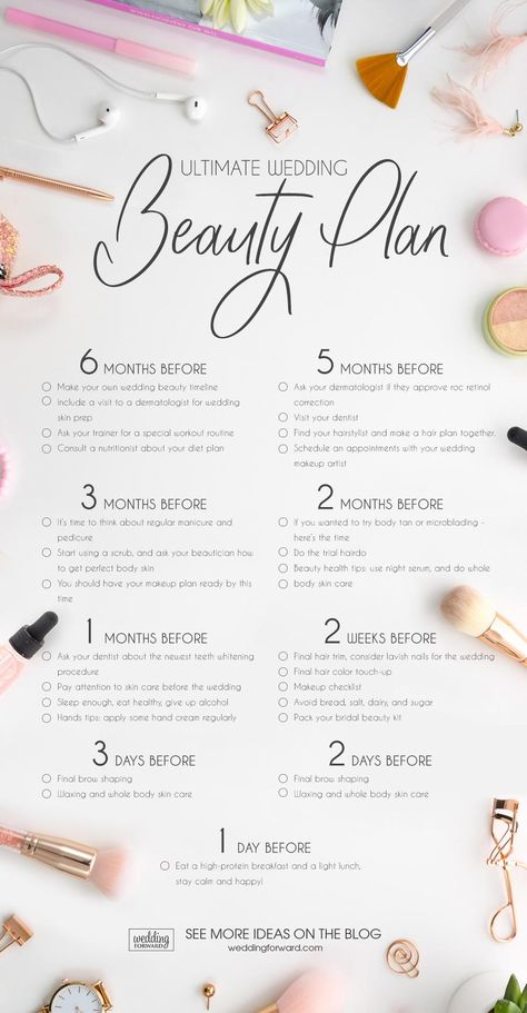 The Ultimate Wedding Beauty Plan (From Head To Toe) ❤︎ Wedding planning ideas & inspiration. Wedding dresses, decor, and lots more. #weddingideas #wedding #bridal Bridal Beauty Timeline, Wedding Beauty Plan, Wedding Beauty Timeline, Beauty Plan, Wedding Reception Ideas, Wedding Planning Timeline, Wedding Planning Guide, Future Wedding Plans, Wedding Timeline