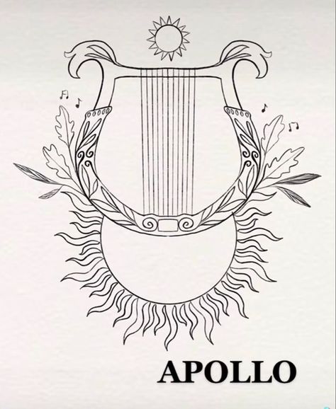 Apollo Tattoos Greek God, Apollo Aesthetic Tattoo, Artemis Apollo Tattoo, Easy Greek Mythology Drawings, Apollo Symbol Greek Mythology, Apollo Lyre Tattoo, Greek Aesthetic Drawing, Greek God Apollo Tattoo, Apollo Inspired Tattoo