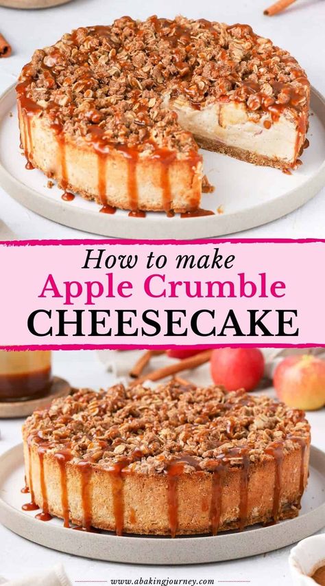 Apple Cinnamon Cheesecake, Apple Cheesecake Recipes, Apple Crumble Cheesecake, Easy Apple Crumble, Apple Cheese, Crumble Cheesecake, Oat Crumble Topping, Apple Crisp Cheesecake, Biscuit Crust