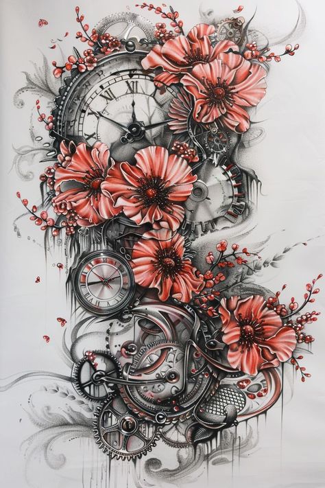 Steampunk Mandala Tattoo, Flowers And Clock Tattoo Half Sleeves, Pocket Watch Floral Tattoo, Steampunk Rose Tattoo, Clockwork Tattoo Design, Womens Clock Tattoos, Gears And Flowers Tattoo, Steam Punk Tattoo Men, Clock And Flowers Tattoo