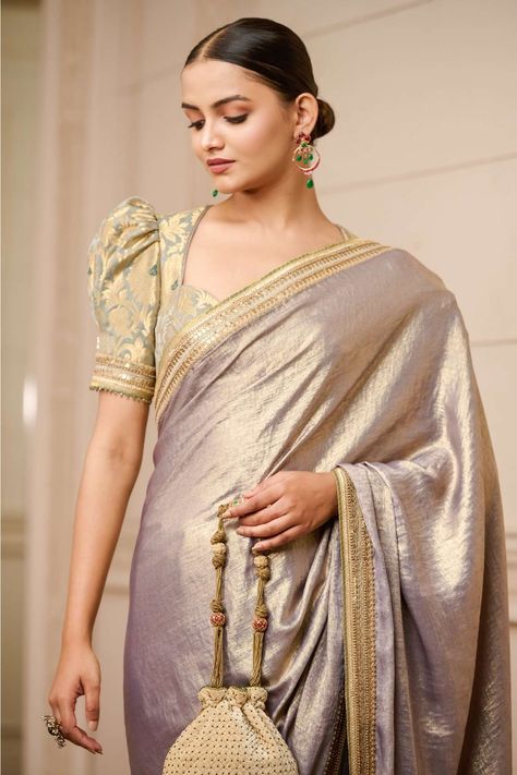 Tarun Tahiliani Saree, Brocade Blouse Designs, Blouse With Puff Sleeves, Lehenga Saree Design, Latest Blouse Designs Pattern, Grey Saree, Shimmer Fabric, Saree Blouse Neck Designs, Brocade Blouse