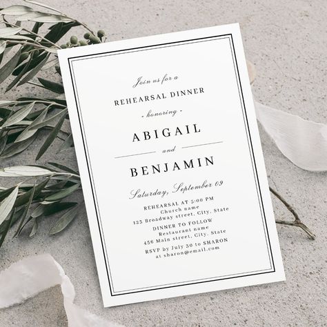 Wedding Rehearsal Dinner Invitations elegant borders gold minimalist rehearsal dinner invitation sophisticated classic script stylish borders simple elegance formal elegant winter wedding classy vintage fall wedding luxury spring summer wedding modern chic minimalist professional typography personalized rehearsal dinner invitation black and white Professional Typography, Vintage Fall Wedding, Invitation Minimalist, Modern Chic Wedding, Elegant Winter Wedding, Wedding Rehearsal Dinner Invitations, Spring Summer Wedding, Rehearsal Dinner Invitation, Classy Vintage