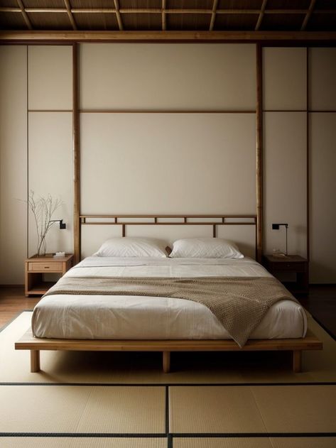 Create a tranquil Zen-inspired bedroom by adding a bamboo platform bed, Japanese shoji screens as room dividers, and natural woven floor mats for a calming atmosphere. Complete the look with minimalistic furniture, soft lighting, and minimalist artwork for a serene sanctuary. Room Divider As Headboard, Wabi Sabi Wardrobe, Tatami Mat Bedroom, Asian Style Bedrooms, Bedroom Aesthetic Ideas, Minimalistic Furniture, Japanese Style Bed, Japanese Style Bedroom, Shoji Screens