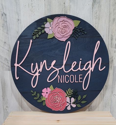 Beautiful 18" nursery round laser cut from 1/4" Birch. Painted in deep Navy and muted pinks. Colors are changeable to fit your nursery color scheme. Western Baby Names, Nursery Color, Country Baby Names, Nursery Color Scheme, Southern Baby Names, Baby Nursery Inspiration, Baby Door Hangers, Sweet Baby Names