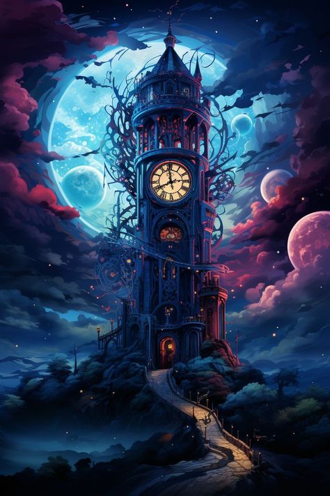 Magical Library Fantasy Art, Celestial Clock, Imagination Illustration, Magical Library, Wallpaper Fantasy, Landscape Digital Art, Art Niche, Fantasy Wallpaper, World Clock