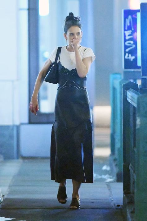 Katie Holmes In A Slip Dress Feels Like It's The '90s All Over Again White T Shirt Under Dress Outfit, Slip Dress Shirt Outfit, Summer Slip Dress Outfit, Katie Holmes 2023, Tee Under Dress, Layering Dress Outfit, 90s Slip Dress Outfit, Black Slip Dress Outfit, Satin Slip Dress Outfit