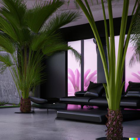 3D render of a living room with black furniture, white concrete walls, palm trees, a lot of green plants, and a subtle touch of neon pink, reflexive floor. Living Room With Black Furniture, White And Pink Living Room, Room With Black Furniture, Accent Plants, Black Grass, Concrete Walls, Living Room Plants, Pink Living Room, Pink Plant