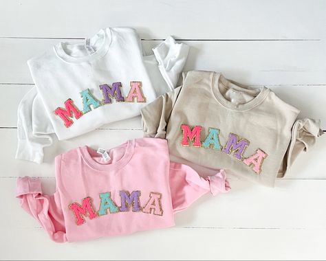 Shirts With Patches, Patch Crewneck, Preppy Gifts, Chenille Patch, Jeweled Shoes, Patches Shirt, Mama Shirts, Diy Shirt, Mama Shirt