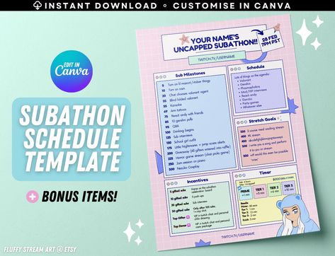 Twitch Subathon Goal Ideas, Subathon Ideas Twitch, Youtube Stream, Template Cute, Event Promo, Art Kawaii, Cute Pastel, Schedule Template, Text Fonts