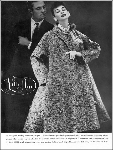 Dorian Leigh in a coat by Lilli Ann. Photo by Roger Prigent. Harper's Bazaar, February 1956. Dorian Leigh, Lilli Ann Coat, Lilli Ann, Opera Coat, Fashion 1950s, Vintage Fashion Photography, Maternity Skirt, The Swing, The Opera