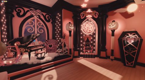 Halloween Dorm Royale High, Goth Royale High Dorm, Rh Dorm Layout, Rh Dorm Ideas, Room Ideas Goth, Royale High Dorm Ideas, Rh Interiors, High Room Ideas, Vampire Room