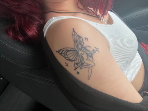 fairy tattoo Fairy Princess Tattoo, Fairy Shoulder Tattoo, Fairy Tattoos For Women, Fairy Tattoo On Back Shoulder, Back Fairy Wings Tattoo, Fairy Patchwork Tattoo, Back Tattoo Women Fairy Wings, Fairy Meaning, Fairy With Butterfly Wings Tattoo