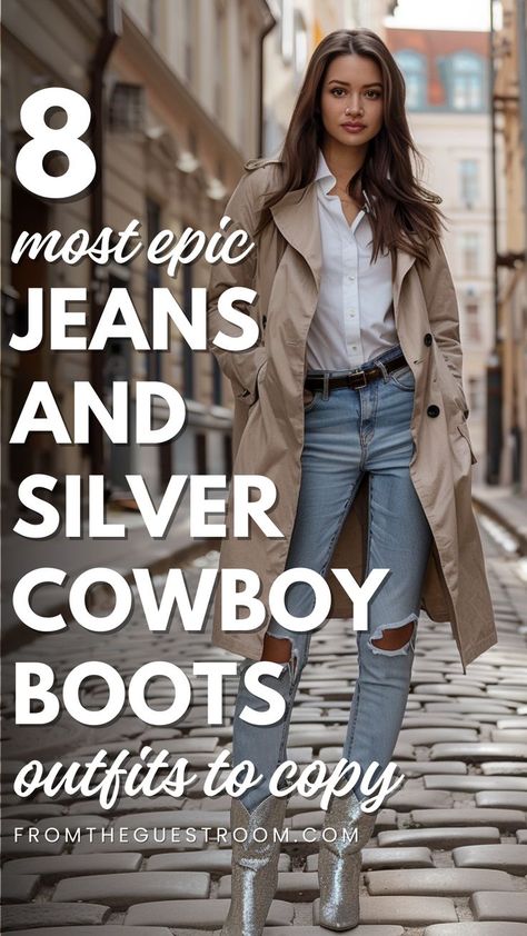 a woman wears jeans and silver cowboy boots, western outfits Cowboy Boots And Jeans Outfit, Jeans And Cowboy Boots Outfit, Black Cowgirl Boots Outfit, Cowboy Boots Outfit Fall, Cowboy Boots Outfit Winter, Outfits Cowboy Boots, White Cowboy Boots Outfit, Short Cowboy Boots Outfit, Red Cowboy Boots Outfit