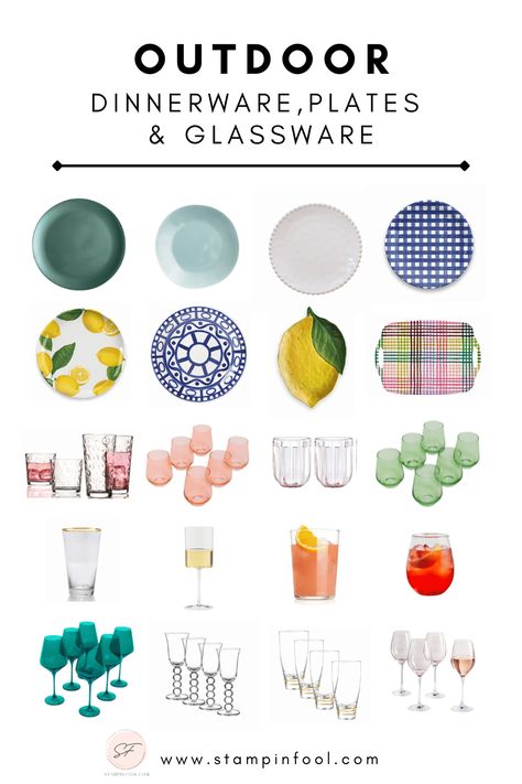 A colorful array of summer outdoor plates, cups and serving platters for your outdoor dining table. Melamine Plates Dinnerware, Colorful Wine Glasses, Outdoor Dishes, Outdoor Glassware, Outdoor Plates, Picnic Plates, Plates And Cups, Bohemian Outdoor, Melamine Dinnerware Sets