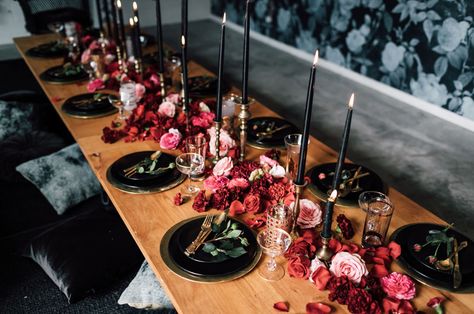 Edgy Bachelorette Party, Unique Engagement Party, Moody Wedding Decor, Halloween Bridal Showers, Moody Boho, Candlelit Table, Reception Styling, Edgy Boho, Pink Wedding Centerpieces