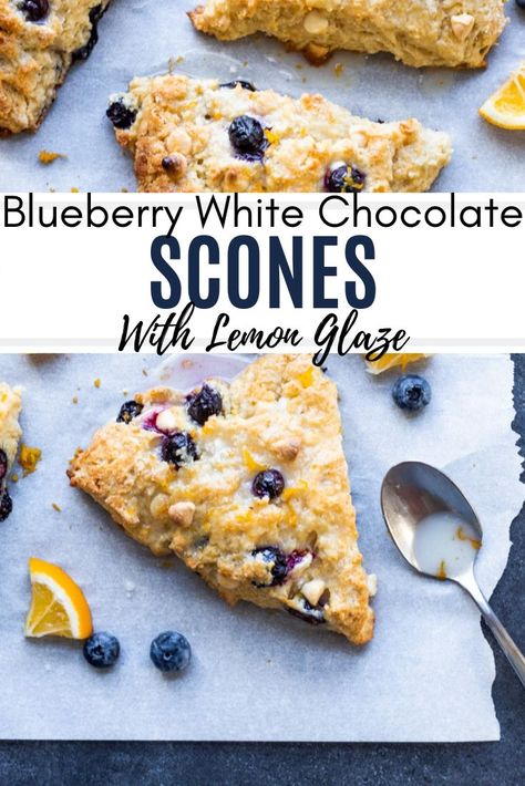 These Blueberry White Chocolate Scones with Lemon Glaze are the perfect sweet breakfast, brunch or afternoon snack! This easy dessert recipe will be your new family favorite all year round! This recipe is also perfect for holiday brunch parties like Mother's Day, Christmas and Thanksgiving. Step by step instructions included! #holidays #mothersday #thanksgiving #christmasmorning #scones #breakfast #dessert #blueberry #recipe Holiday Brunch Party, Chocolate Scone, Chocolate Scones Recipe, Scones Breakfast, Dessert Blueberry, White Chocolate Scones, Blueberry White Chocolate, Blueberry Recipe, Brunch Parties