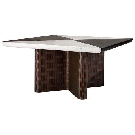 This beautiful square dining table features a table top in four contrasting white and black sections of matte marble. The two rests on a wood structure that is undulating and covered in a bronze lacquer for a metal-like effect. A beautiful piece that will fit perfectly in any modern home or office. Square Marble Table, Open Table, Square Dining Table, Bronze Table, Wood Structure, Square Stone, Square Dining Tables, Solid Wood Table, Marble Table