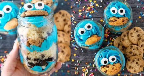 Cookie Monster Cake Jars - Princess Pinky Girl Cookie Monster Popcorn, Cute Cookie Monster, Cookie Monster Ice Cream, Monster Ice Cream, Cookie Monster Birthday Party, Edible Party Favors, Cake Jars, Homemade Buttercream, Cookie Monster Cake