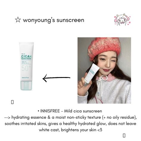 wonyoung's holding a sunscreen in her hand, she is winking and smiling. the product next to her face is the INNISFREE mild cica sunscreen, which is a very hydrating product that does not leave any sticky or oily feelings or residue. Innisfree Sunscreen For Oily Skin, Best Innisfree Products, Wonyoung Skin Care Products, Kpop Skincare Products, Wonyoung Skincare Products, Wonyoungism Skincare Products, Korean Skincare Products For Dry Skin, Where To Buy Skincare, Innisfree Aesthetic