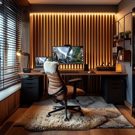 Male Gaming Room, Home Office And Game Room Combo, Home Office Dual Monitors, Male Home Office, Wooden Slat Wall, Home Office Dark, Monitor Setup, Basement Office, Battle Station