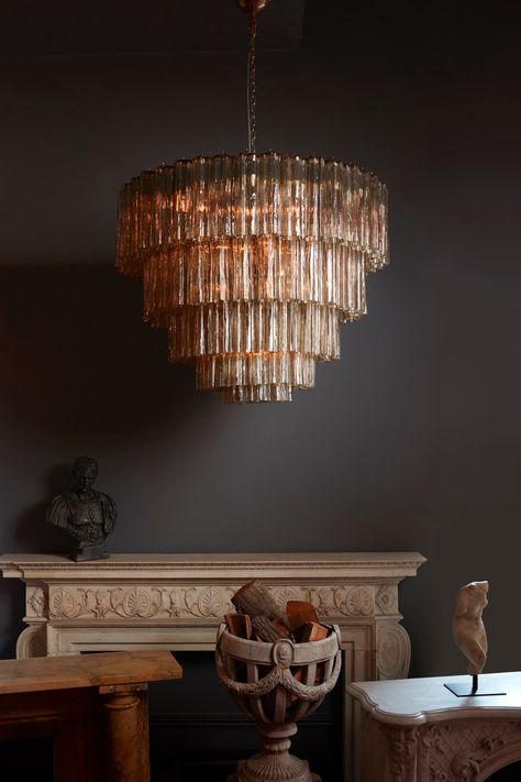 Smokegrey Tronchi glass bespoke Murano chandelier - Renaissance London Art Deco Lighting Ceiling, Chandelier Inspiration, Sitting Room Lights, Cool Chandeliers, Clear Glass Chandelier, Murano Lamp, Dining Table Lighting, Pearl Chandelier, French Chandelier