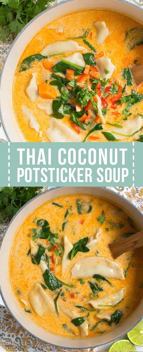 Pot Sticker Soup, Potsticker Soup, Hearty Winter Recipes, Thai Coconut Curry Soup, Thai Coconut Curry, Easy Dumplings, Pot Sticker, Thai Coconut Soup, Coconut Curry Soup