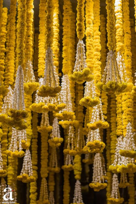 Photo From Shravya And Sharan's Engagement  - By Ashwin Kireet Photography Yellow Indian Aesthetic, Marigold Decor, Marigold Flower Garland, Indian Wedding Decoration, Temple Decoration, Decoration Stage, Haldi Decor, Flower Garland Wedding, Mandap Decor