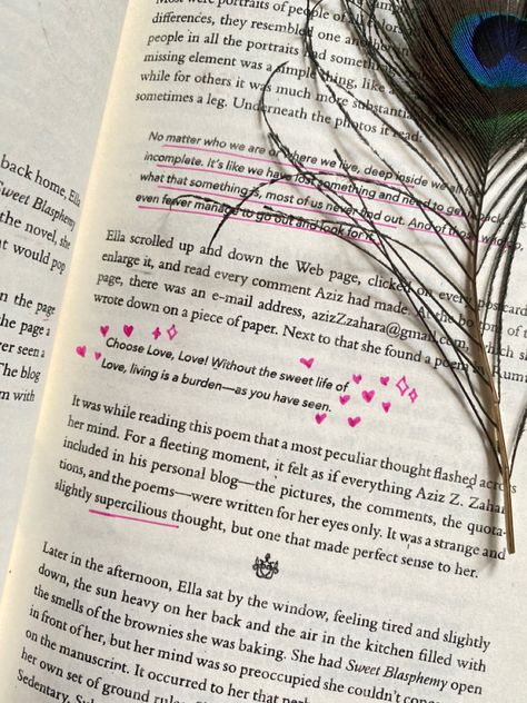 Forty Rules Of Love Aesthetic, Peacock Feather Aesthetic, Peacock Feather Bookmark, Annotated Book, Book Bookmarks, Forty Rules Of Love, Feather Bookmark, Book Annotations, Creative Bookmarks