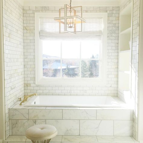 Emily Jackson // Ivory Lane on Instagram: “Bath time...  I can't wait to get all the final touches and styling done in this room! #masterbathroom #marble #interiordesign” Tub Chandelier, Ivory Lane, Bathtub Tile, Spa Like Bathroom, Bathroom Pictures, Dream Bathrooms, Powder Rooms, Bath Ideas, Dream Bathroom