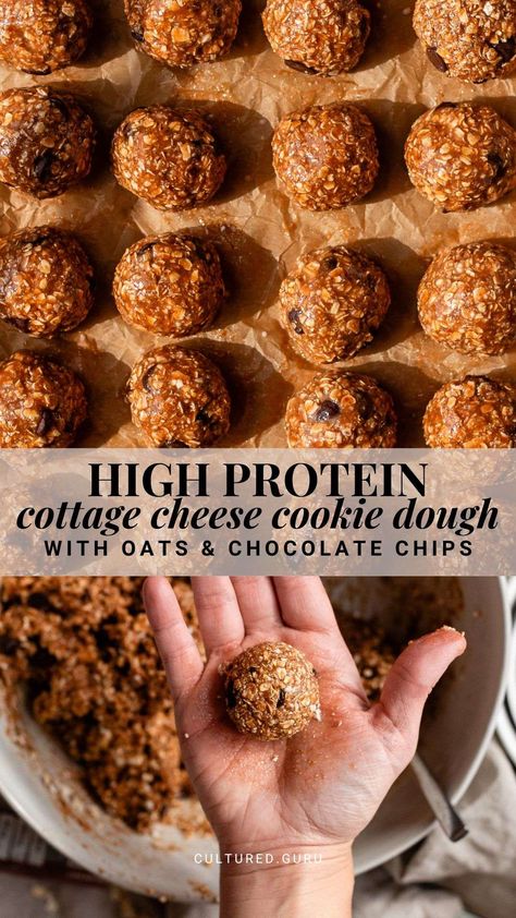 Cottage cheese protein cookie dough is the high-protein sweet snack you've been looking for! These cottage cheese cookie dough bites are safe to eat raw and taste just like the cookie dough pieces in ice cream. #cottage #cheese #cookie #dough Quest Protein Chips Recipes, Cottage Cheese Chocolate Chip Cookies, Protein Chips Recipe, Ice Cream Cottage Cheese, Cottage Cheese Cookie Dough, High Protein Cookie, Cottage Cheese Protein, Cottage Cheese Dessert Recipes, Healthier Baking