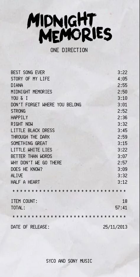 Music Receipt Aesthetic, Midnight Memories Album Cover, Artist Receipt, Midnight Memories Aesthetic, Song Receipts, Aesthetic Receipt, Receipt Aesthetic, Music Receipt, 1d Posters