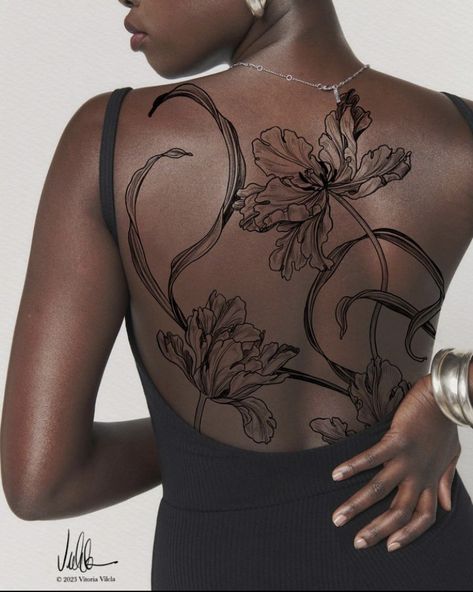 Boho Shoulder Tattoo, Back Tattoo Women Aesthetic, Upper Back Tattoo Women, Back Tattoo Women Upper, Upper Back Tattoo, Dark Skin Tattoo, Lillies Tattoo, Upper Back Tattoos, Small Girly Tattoos